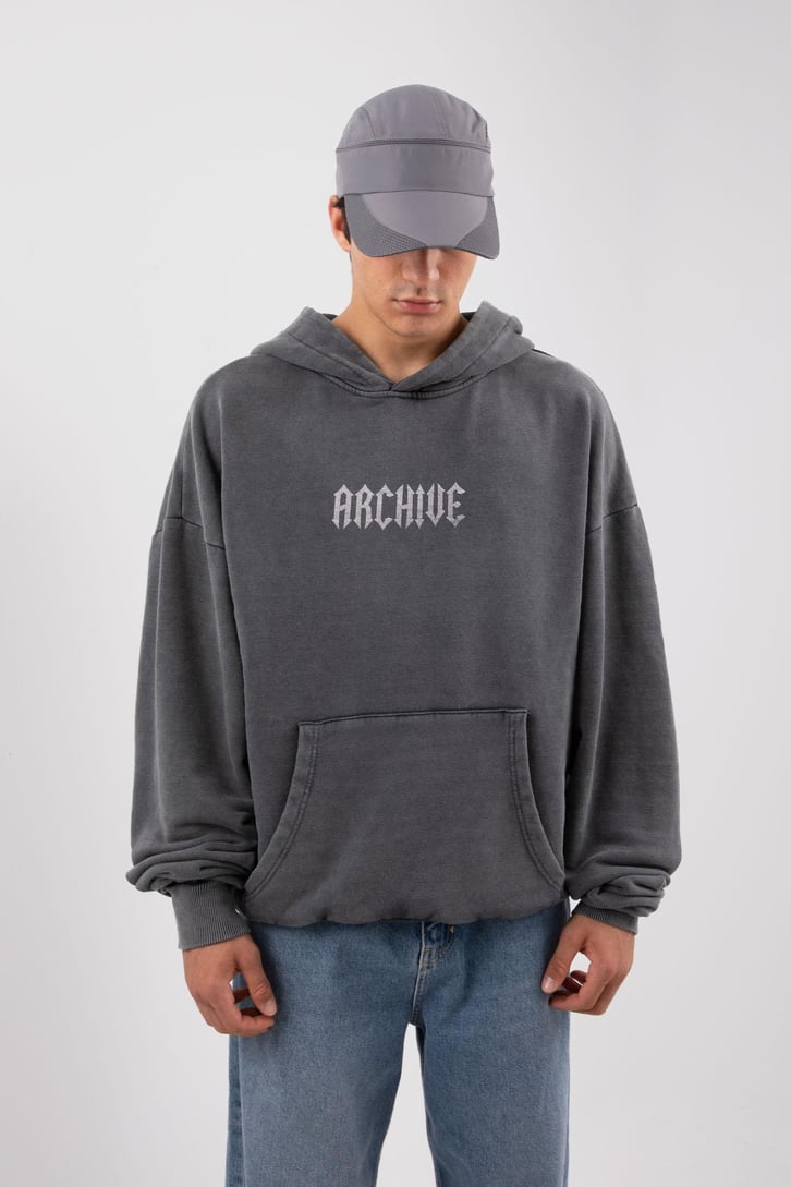 Archive Baskılı Acid Wash Oversize Hoodie
