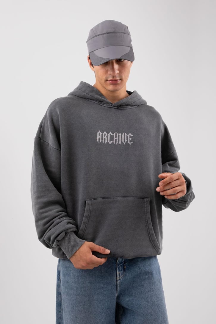 Archive Baskılı Acid Wash Oversize Hoodie
