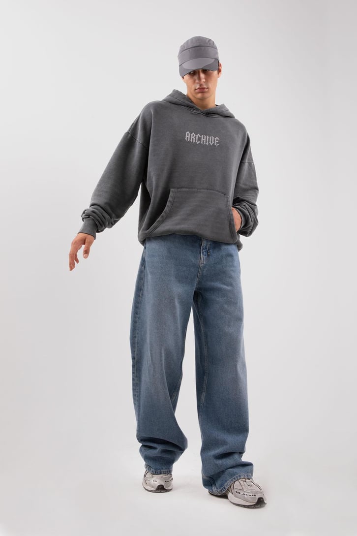 Archive Baskılı Acid Wash Oversize Hoodie