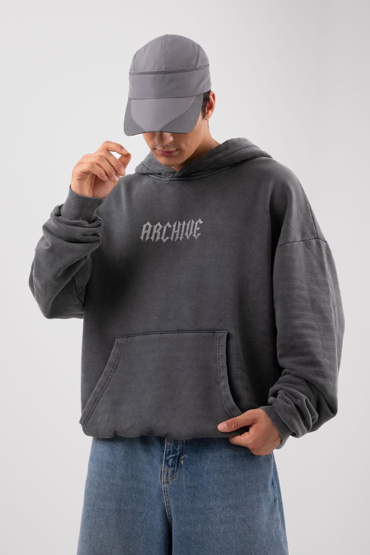 Archive Baskılı Acid Wash Oversize Hoodie
