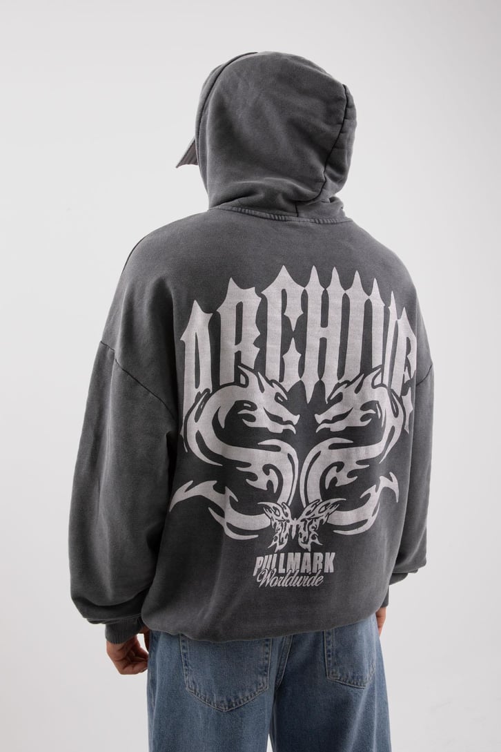 Archive Baskılı Acid Wash Oversize Hoodie