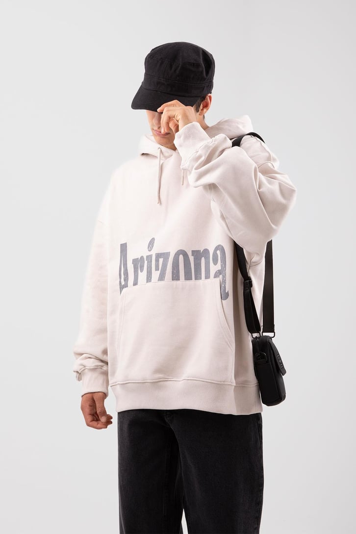 Arizona Baskılı Oversize Bej Hoodie