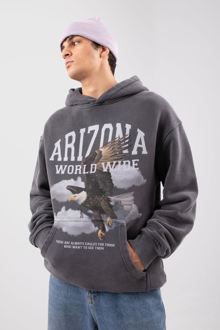 Arizona Eagle Baskılı Acid Wash Oversize Hoodie