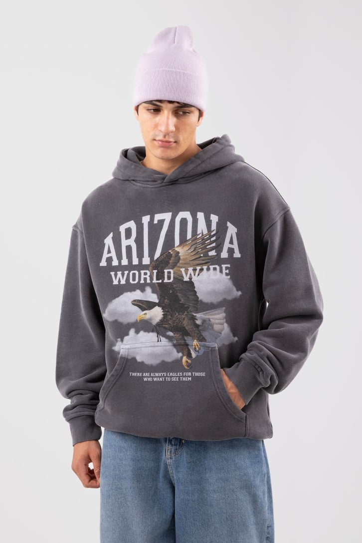 Arizona Eagle Baskılı Acid Wash Oversize Hoodie