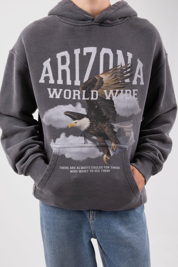 Arizona Eagle Baskılı Acid Wash Oversize Hoodie