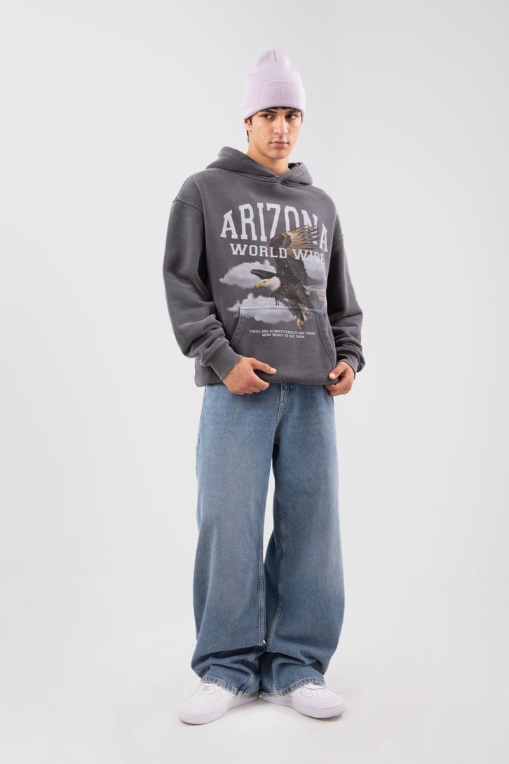 Arizona Eagle Baskılı Acid Wash Oversize Hoodie
