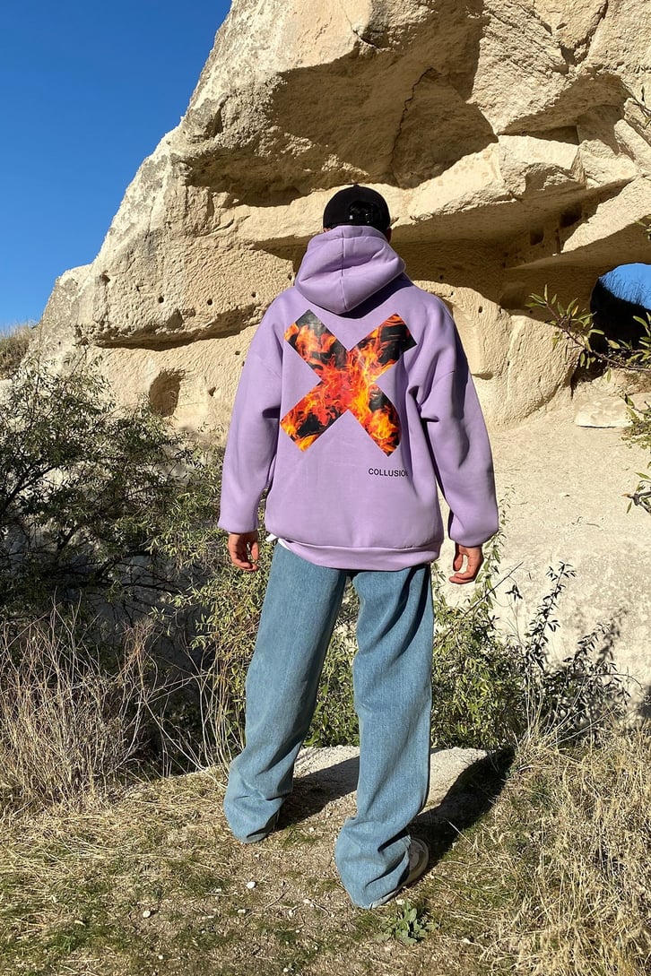 ARKASI ALEV BASKILI OVERSIZE HOODIE