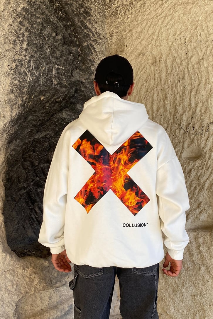 ARKASI ALEV BASKILI OVERSIZE HOODIE