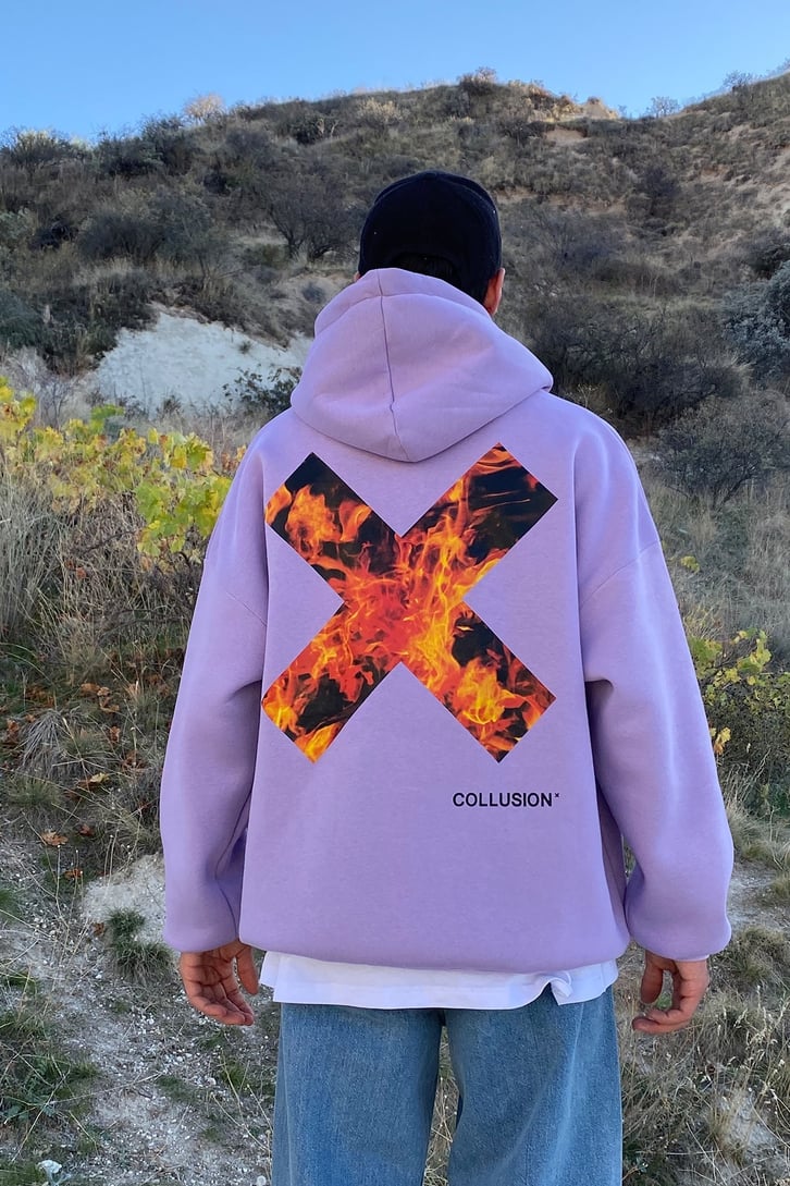 ARKASI ALEV BASKILI OVERSIZE HOODIE