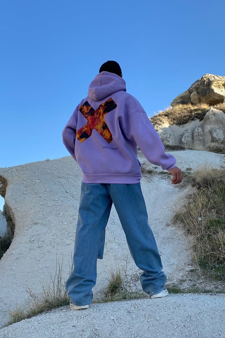 ARKASI ALEV BASKILI OVERSIZE HOODIE