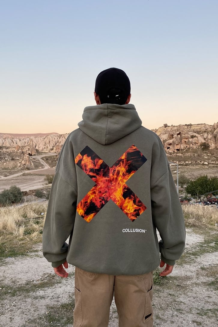 ARKASI ALEV BASKILI OVERSIZE HOODIE