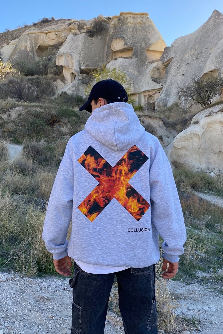 ARKASI ALEV BASKILI OVERSIZE HOODIE