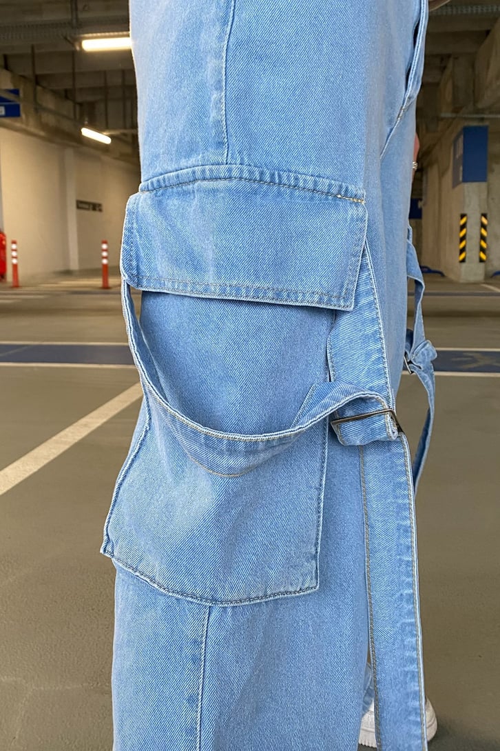 Askılı Kargo Cepli Mavi Extra Baggy Jean