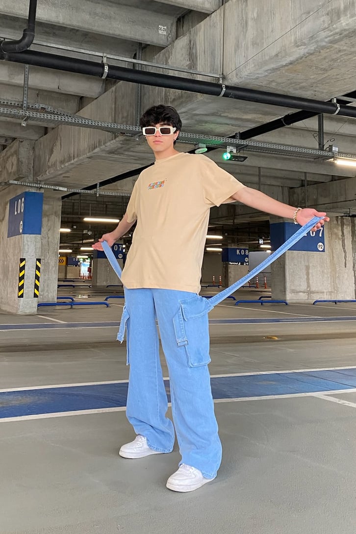Askılı Kargo Cepli Mavi Extra Baggy Jean