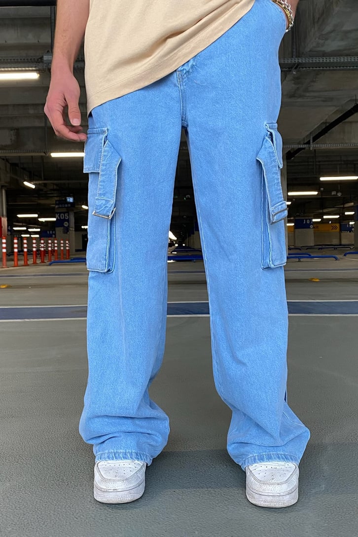 Askılı Kargo Cepli Mavi Extra Baggy Jean
