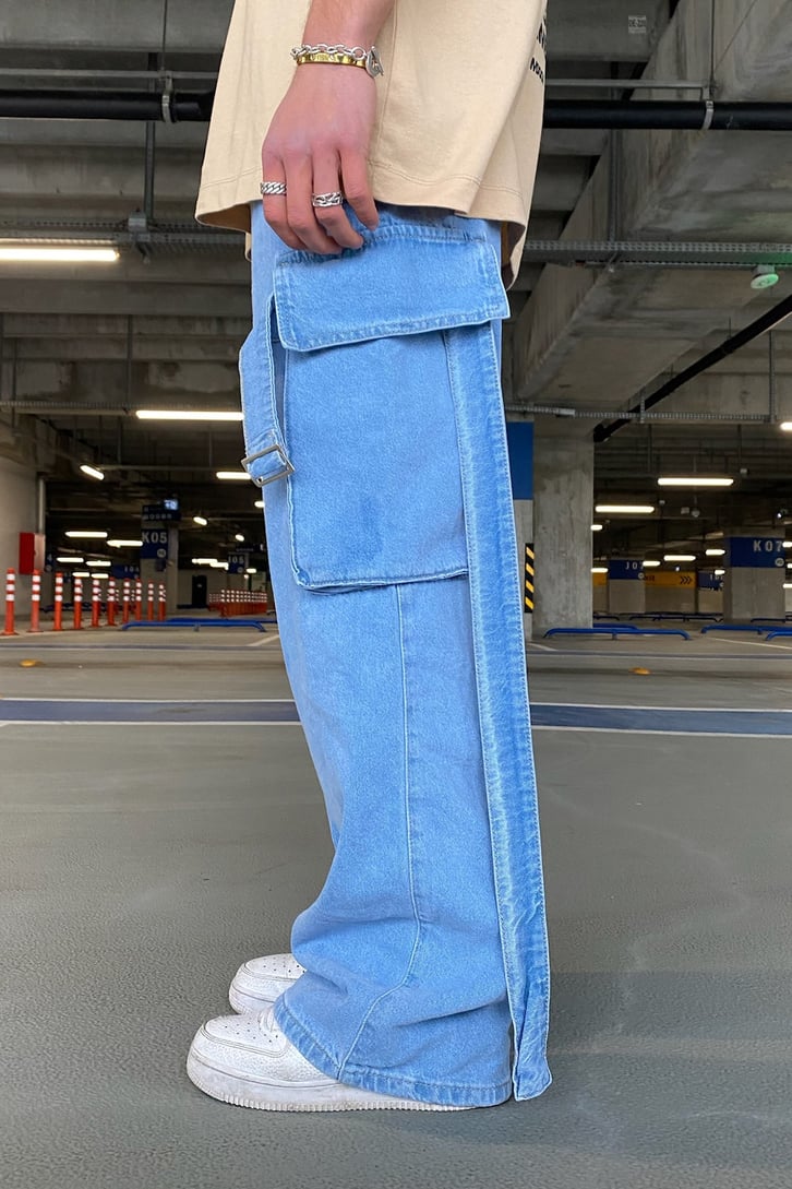 Askılı Kargo Cepli Mavi Extra Baggy Jean