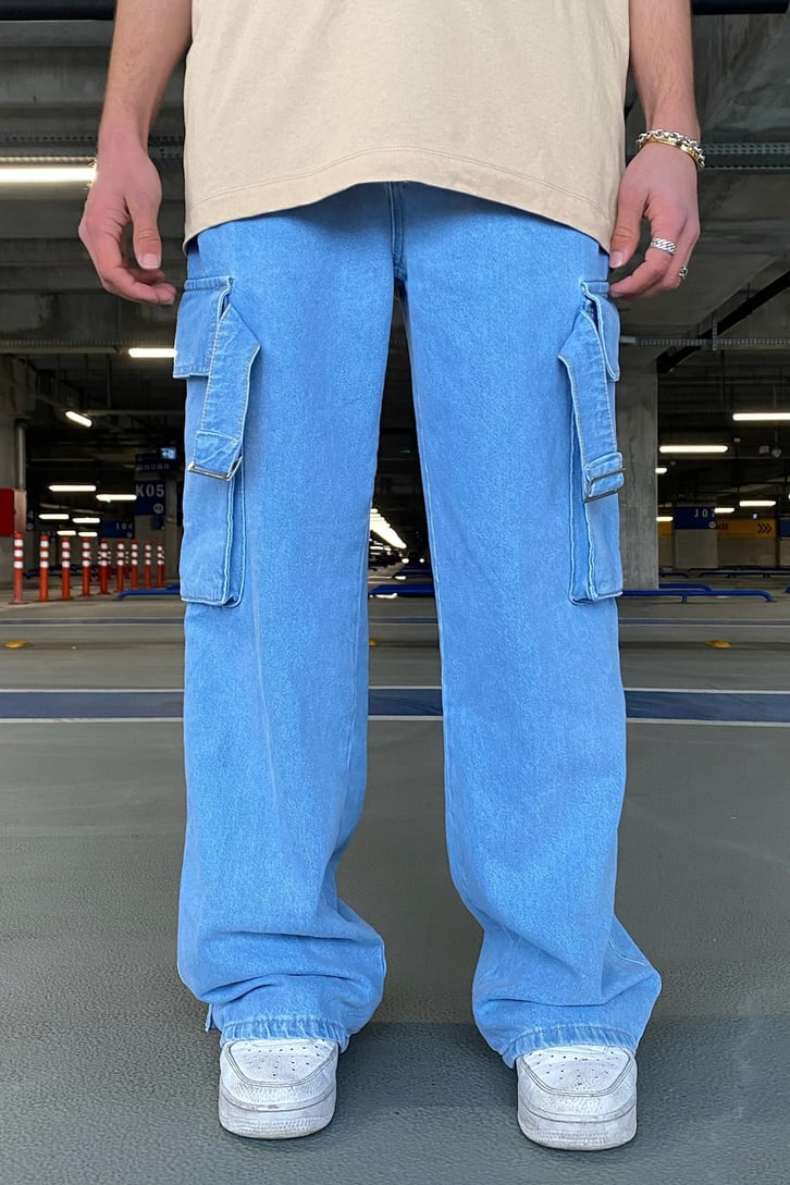 Askılı Kargo Cepli Mavi Extra Baggy Jean