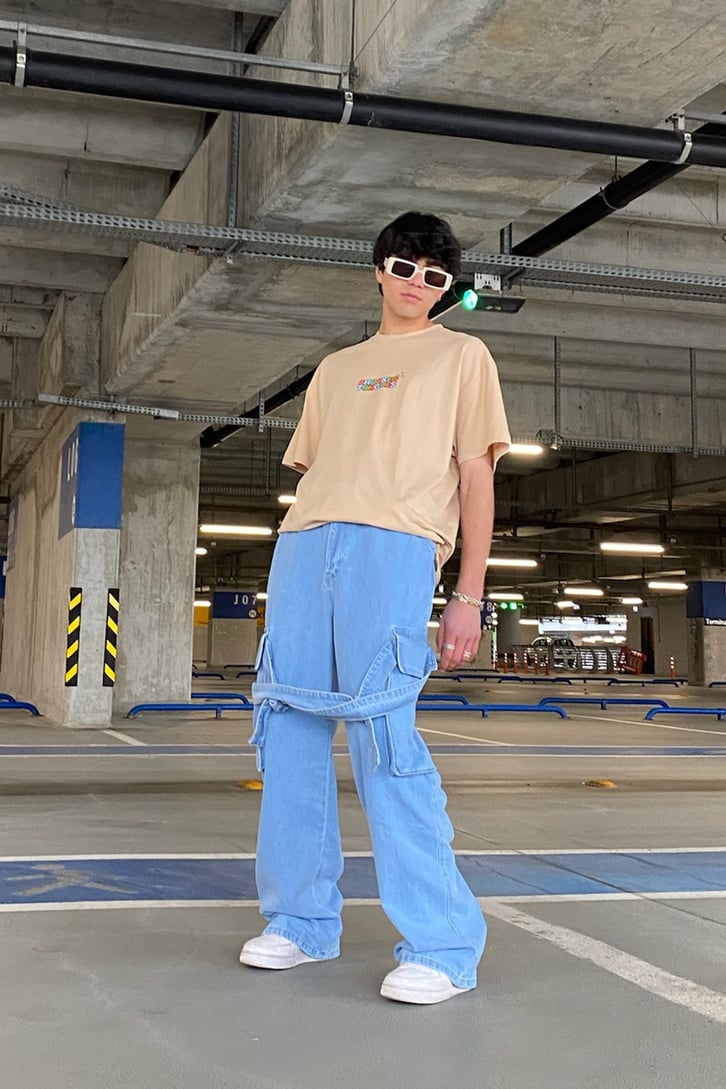 Askılı Kargo Cepli Mavi Extra Baggy Jean