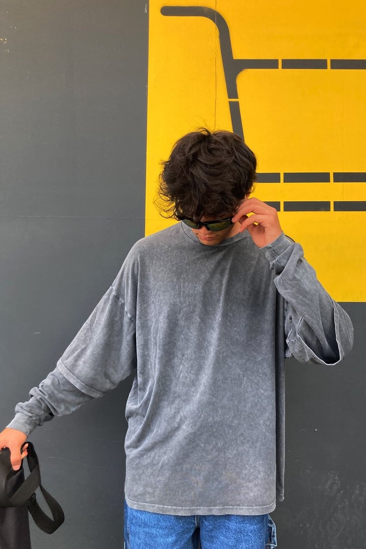 asos Design Acid Wash Long Sleeve Gray Tshirt