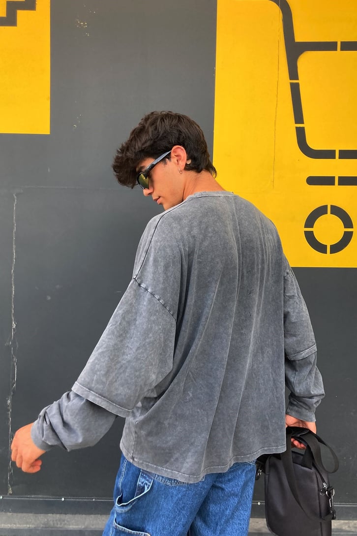 asos Design Acid Wash Long Sleeve Gray Tshirt