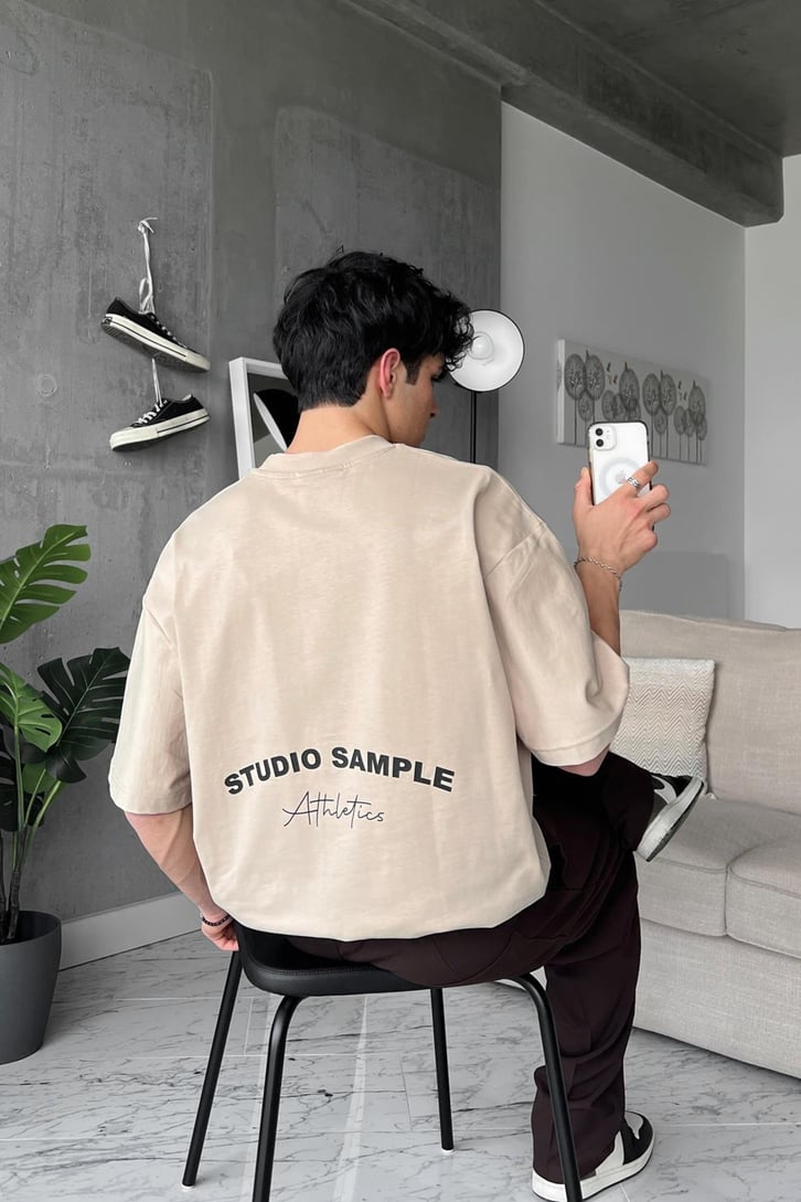 Athletics Baskılı Bej Oversize Tişört
