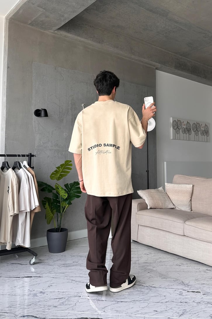 Athletics Baskılı Bej Oversize Tişört
