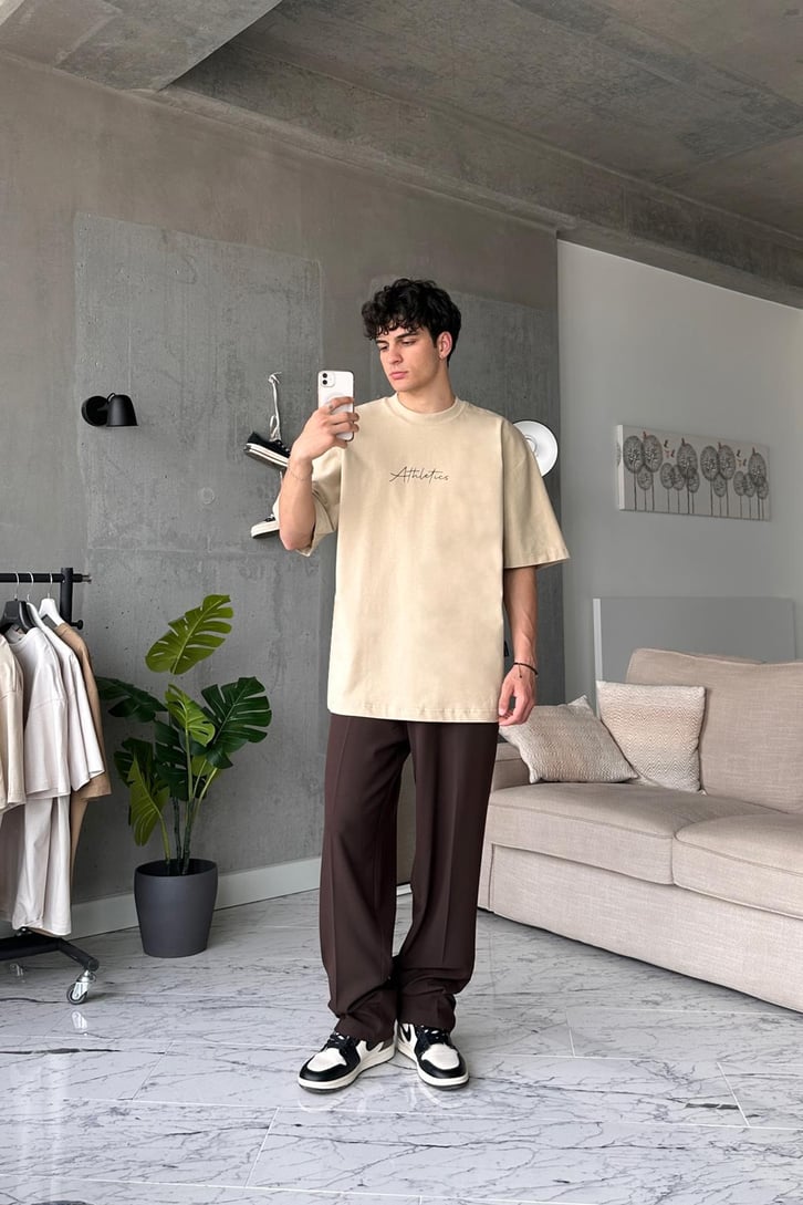 Athletics Baskılı Bej Oversize Tişört