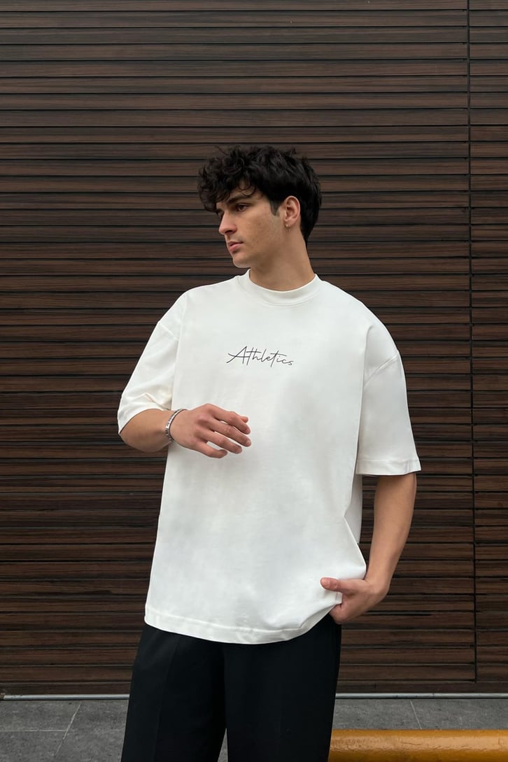Athletics Baskılı Beyaz Oversize Tişört