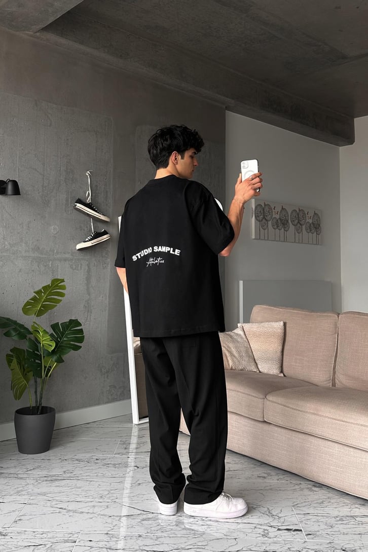 Athletics Baskılı Siyah Oversize Tişört