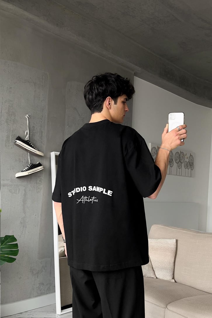 Athletics Baskılı Siyah Oversize Tişört