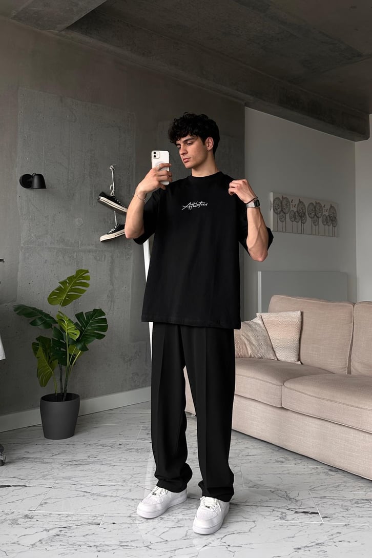 Athletics Baskılı Siyah Oversize Tişört