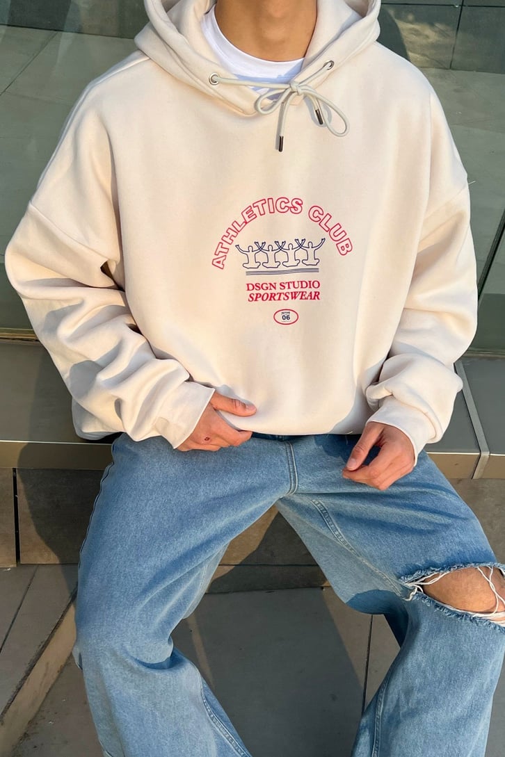 Athletics Club Baskılı Krem Oversize Hoodie