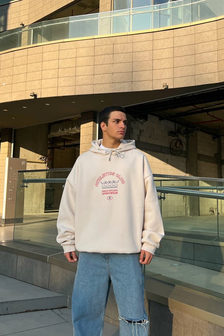 Athletics Club Baskılı Krem Oversize Hoodie
