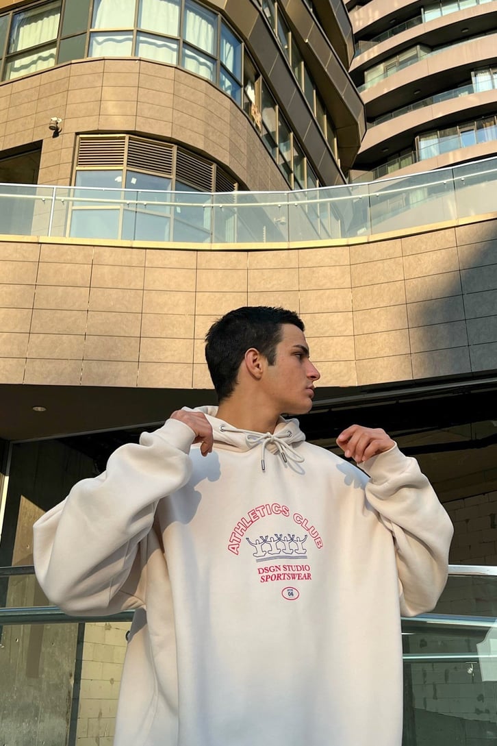 Athletics Club Baskılı Krem Oversize Hoodie