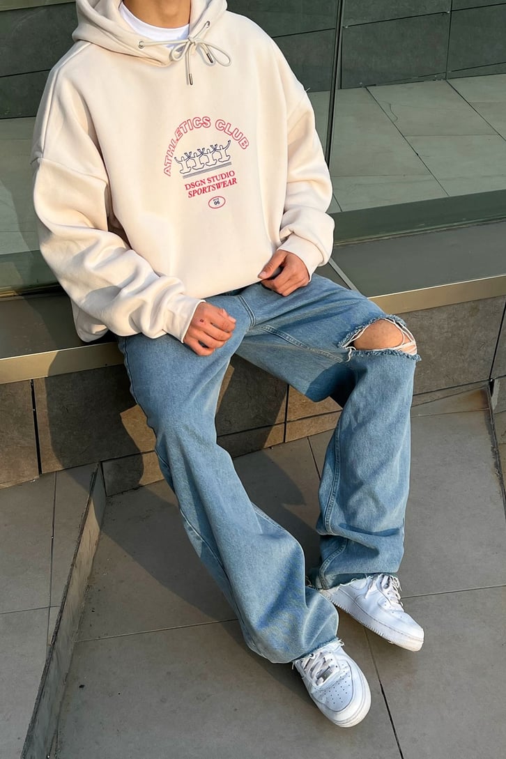 Athletics Club Baskılı Krem Oversize Hoodie