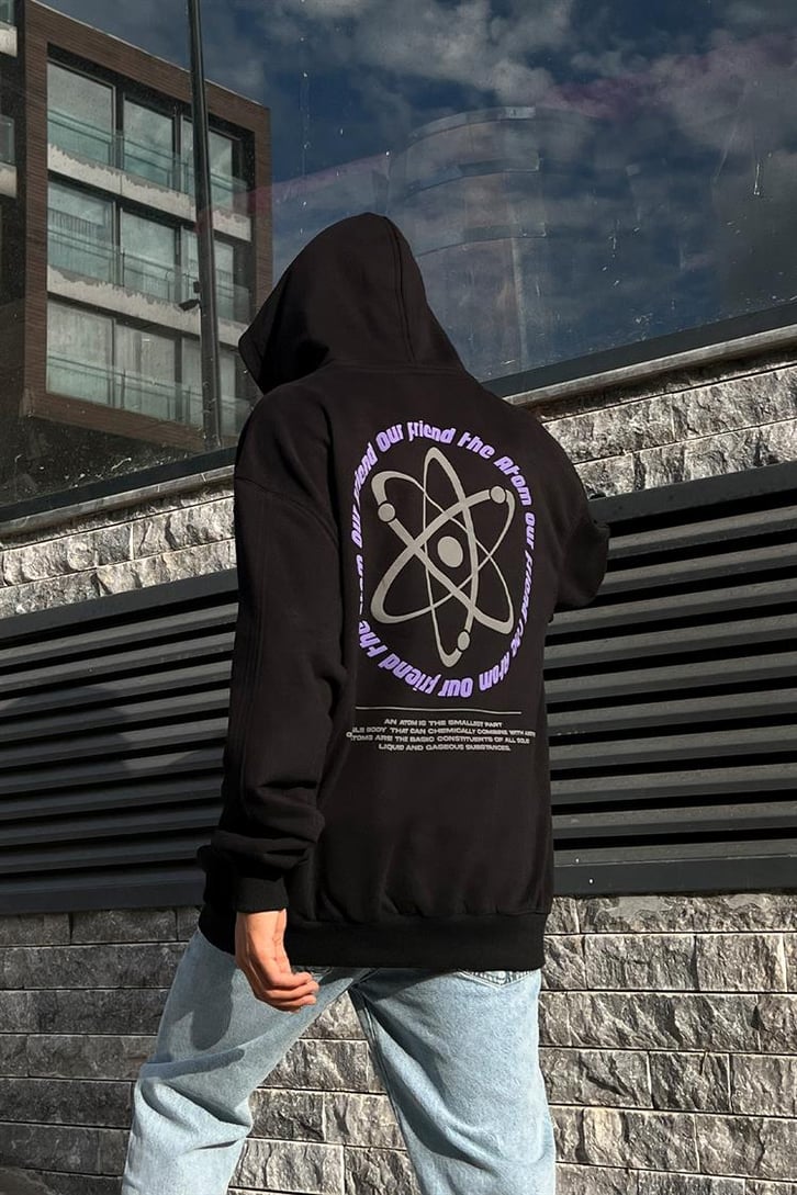 Atomic Boy Baskılı Siyah Oversize Hoodie