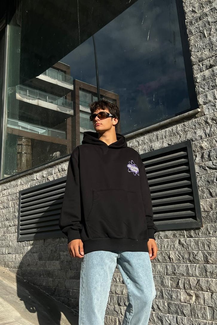 Atomic Boy Baskılı Siyah Oversize Hoodie