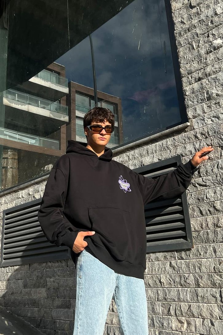 Atomic Boy Baskılı Siyah Oversize Hoodie