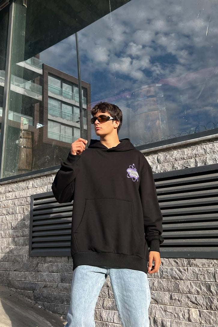 Atomic Boy Baskılı Siyah Oversize Hoodie