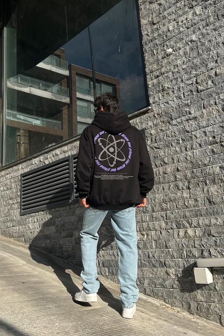 Atomic Boy Baskılı Siyah Oversize Hoodie