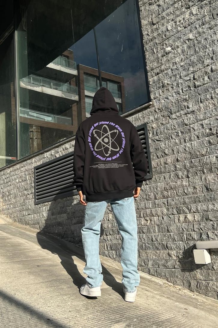 Atomic Boy Baskılı Siyah Oversize Hoodie