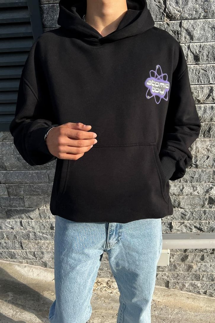 Atomic Boy Baskılı Siyah Oversize Hoodie