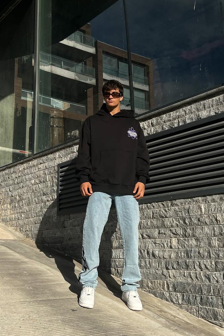 Atomic Boy Baskılı Siyah Oversize Hoodie