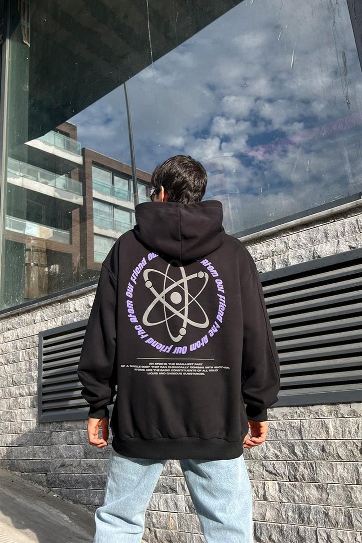 Atomic Boy Baskılı Siyah Oversize Hoodie