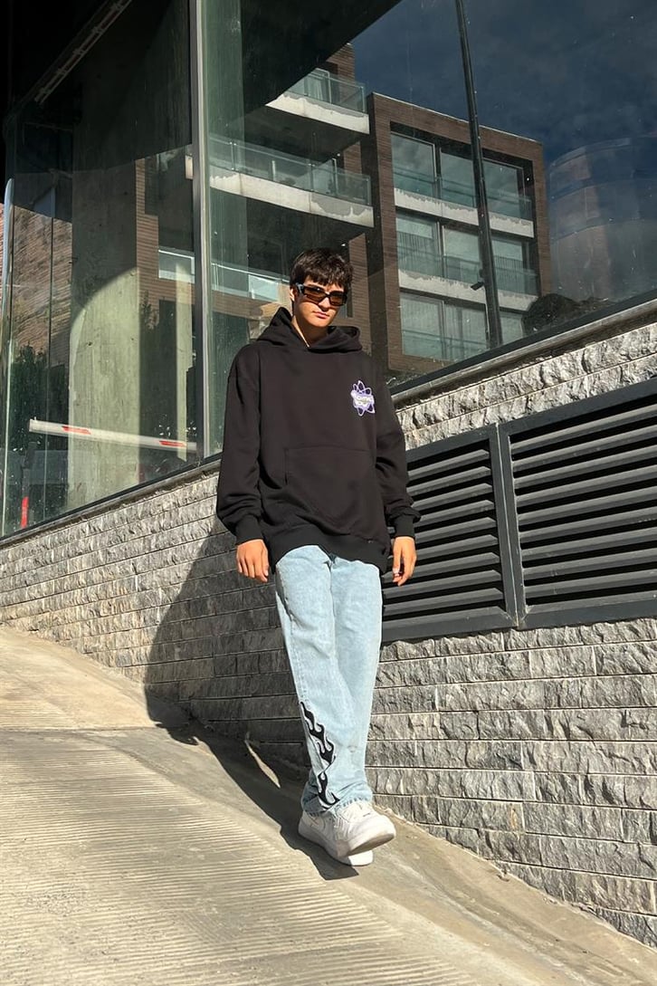 Atomic Boy Baskılı Siyah Oversize Hoodie