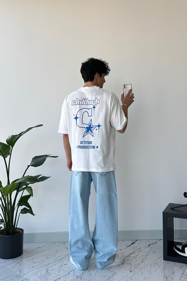 Attitude Production Baskılı Ekru Oversize Tişört
