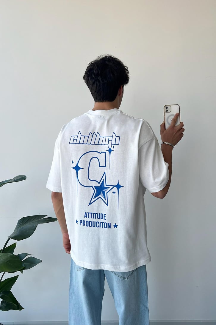 Attitude Production Baskılı Ekru Oversize Tişört