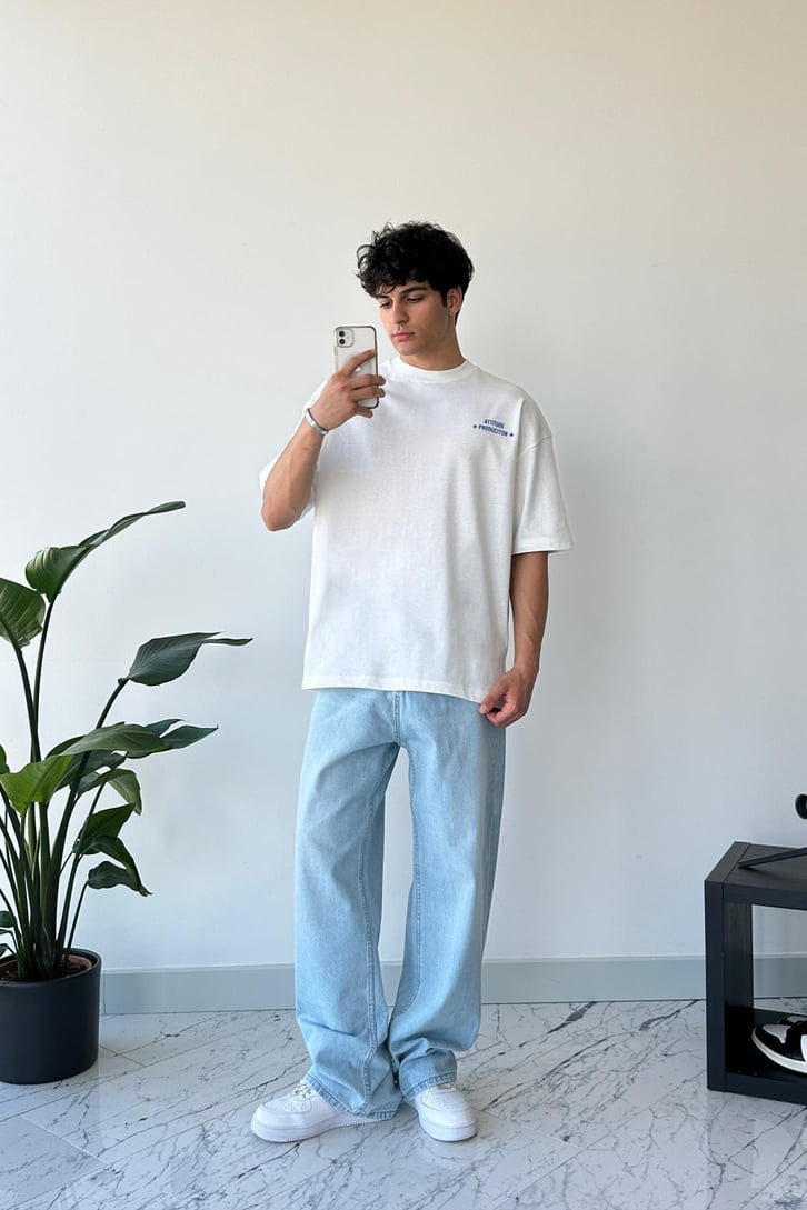 Attitude Production Baskılı Ekru Oversize Tişört