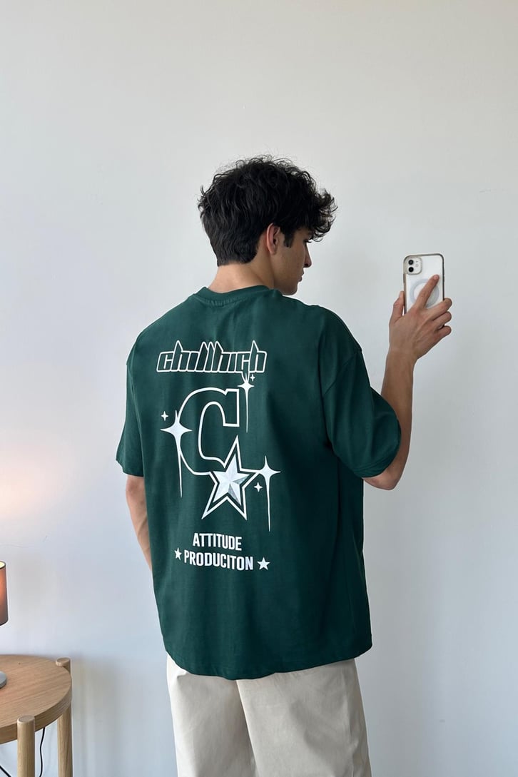 Attitude Production Baskılı Yeşil Oversize Tişört