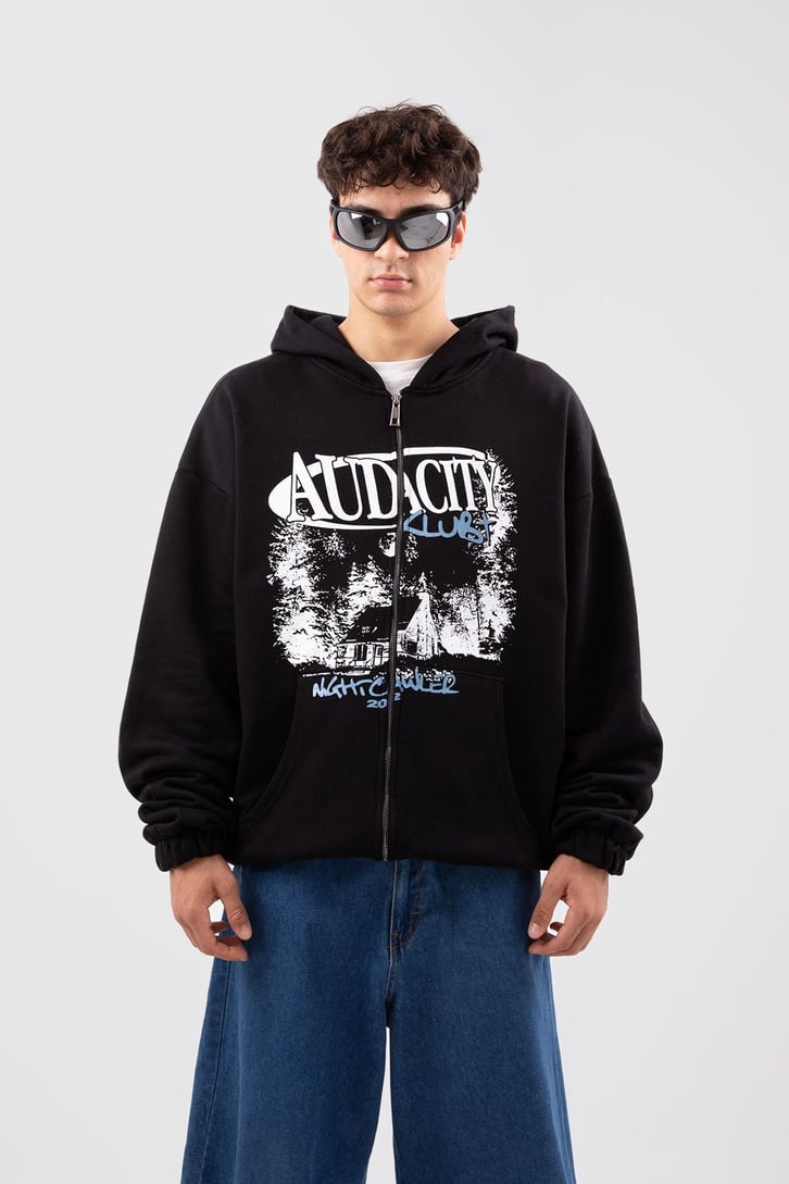 Auda City Club Plus Baskılı Siyah Oversize Hoodie
